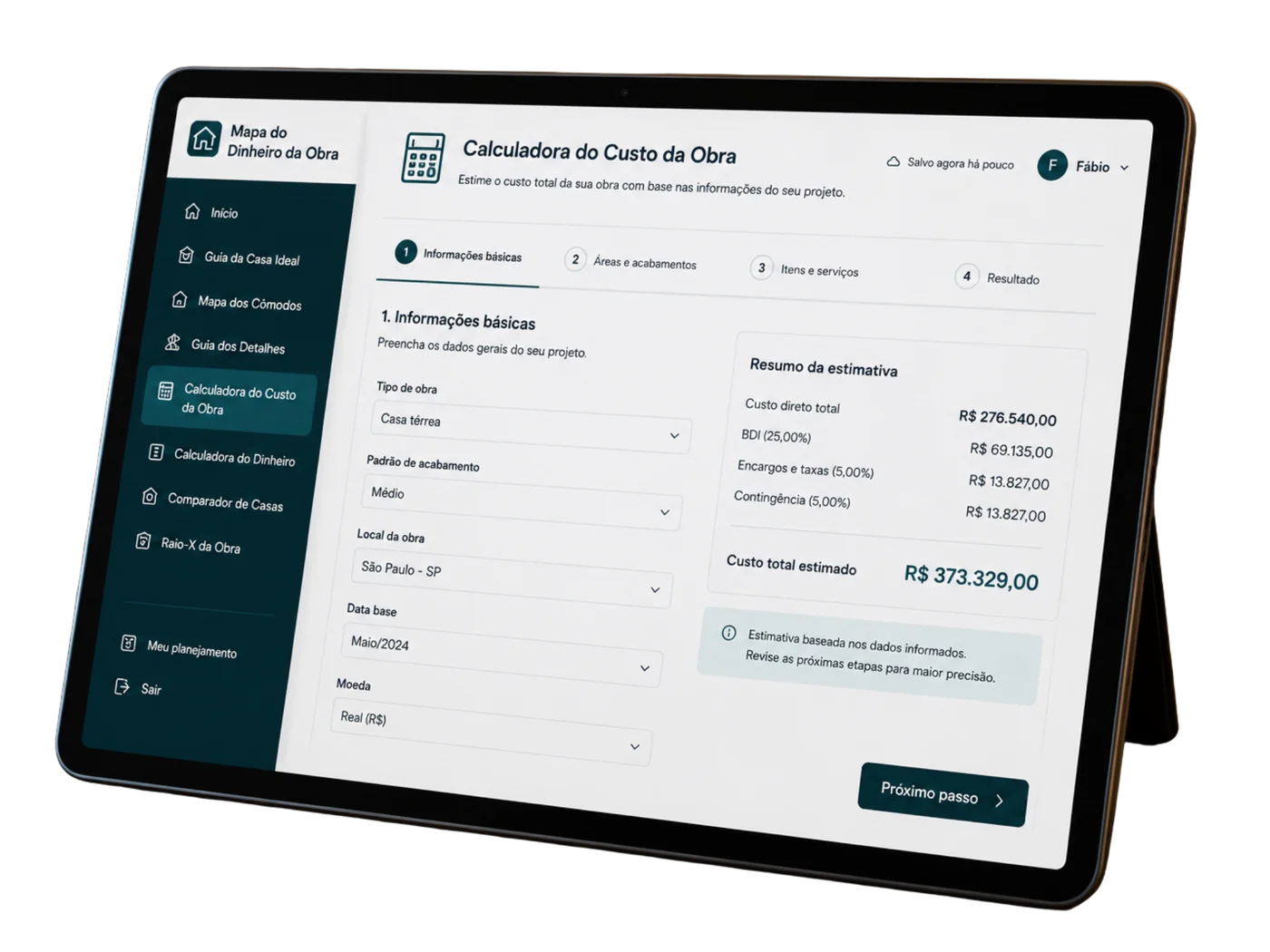 Calculadora do Custo da Obra em tablet