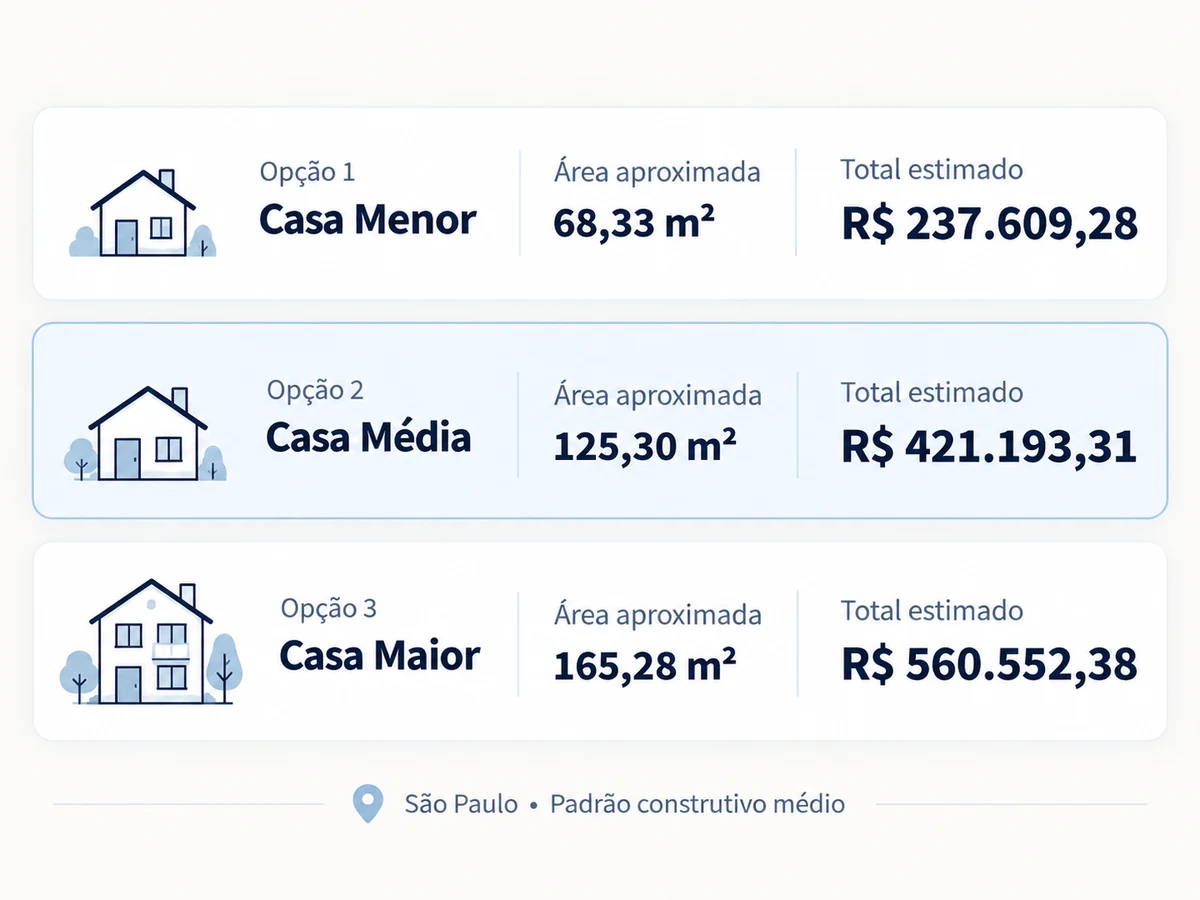 Comparação de três opções de casa, com áreas aproximadas e custos estimados diferentes